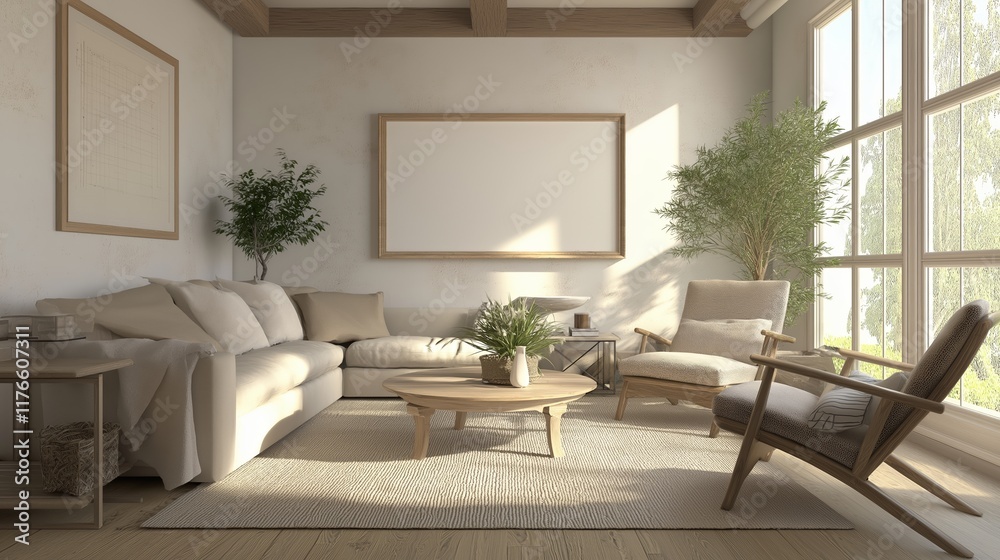 Fototapeta premium Mockup frame in farmhouse living room interior, 3d render