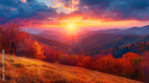 Autumnal sunset over a rolling, forested hill with vibrant red foliage. AI generative. .