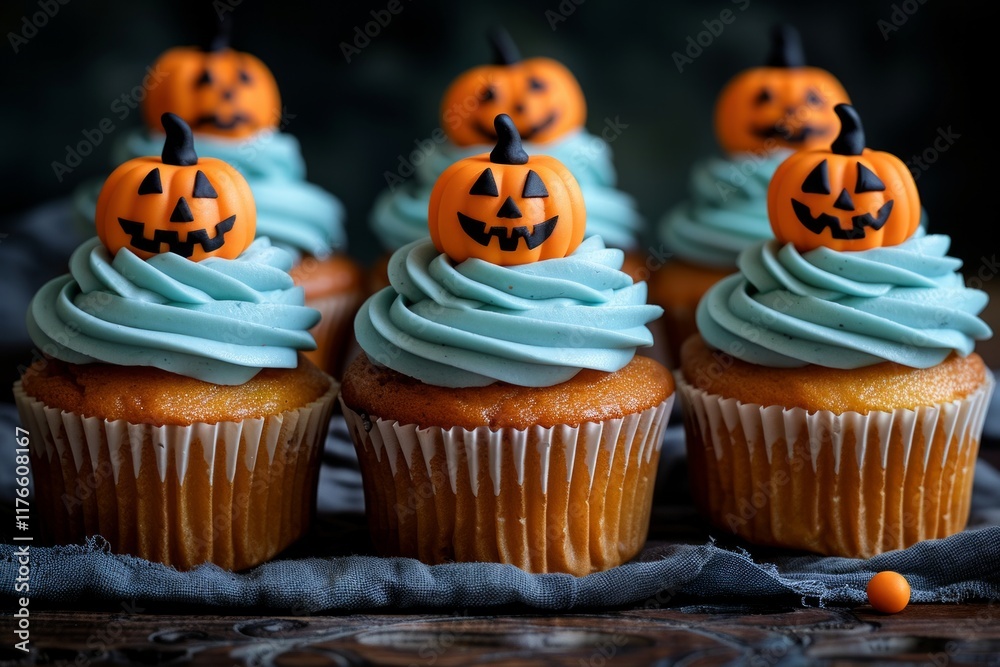 Close-up of blue-frosted cupcakes with orange pumpkin jack-o-lantern toppers. AI generative. . Close-up of blue-frosted cupcakes with orange pumpkin jack-o-lantern toppers. AI generative. .