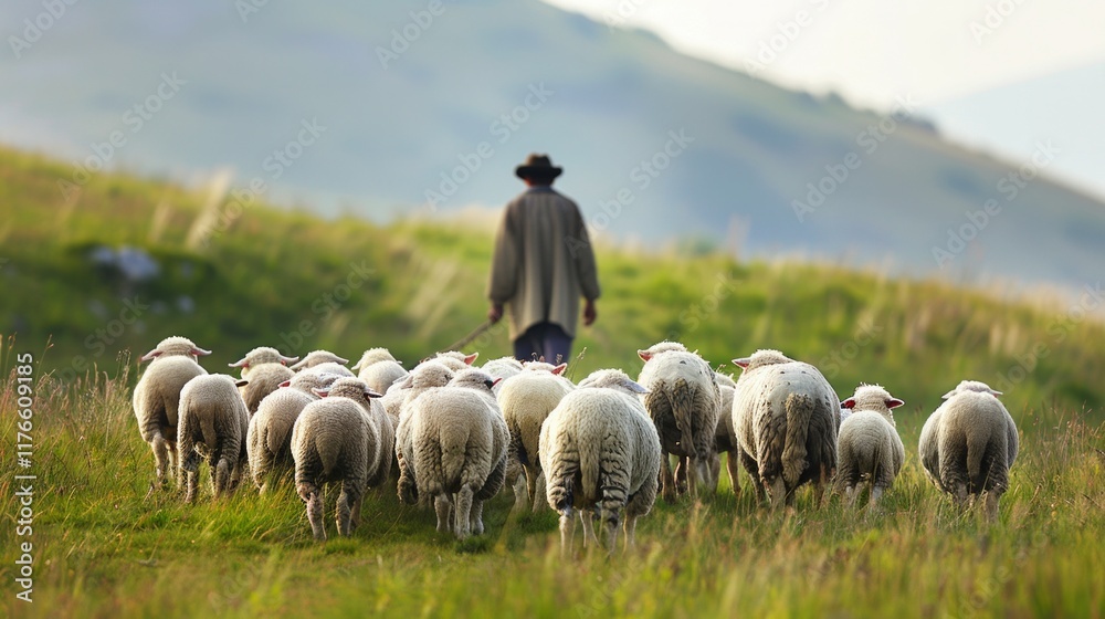 Obraz premium A shepherd leads a flock of sheep through a green field. AI generative. .