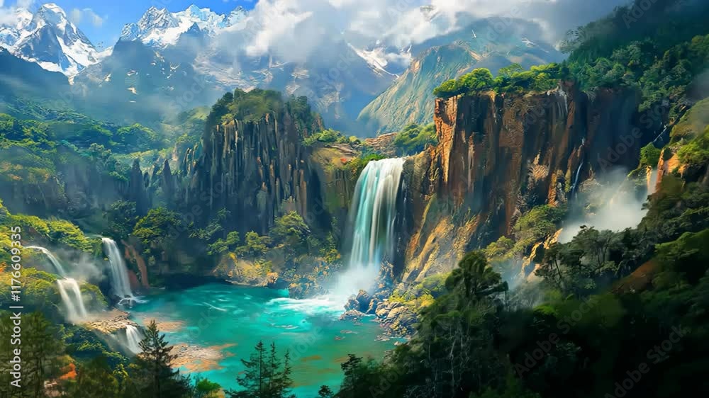 animation of painting artful majestic dreamy beauty nature landscape of tall waterfall surround with green lush tropical forest with misty fog drifting around animation of painting artful majestic dreamy beauty nature landscape of tall waterfall surround with green lush tropical forest with misty fog drifting around
