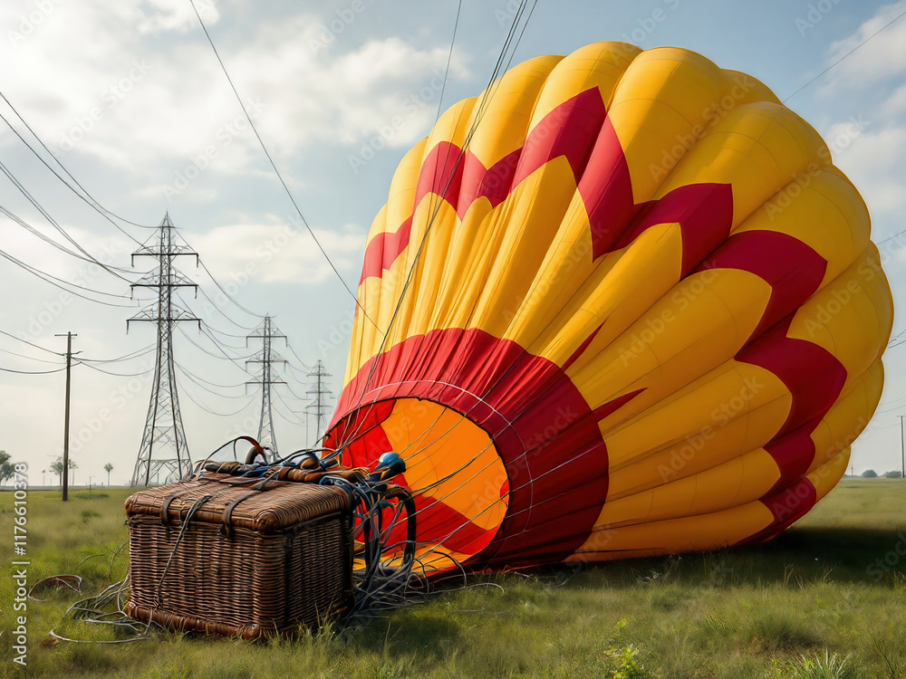 Obraz premium Hot Air Balloon Entangled in Power Lines with Basket on the Ground
