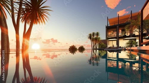 Serene Sunset at Modern Tropical Luxury Resort with Reflection