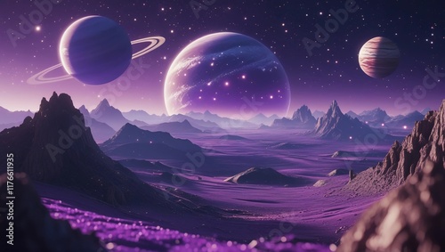 Surreal Purple Alien Landscape with Planets and Starry Sky