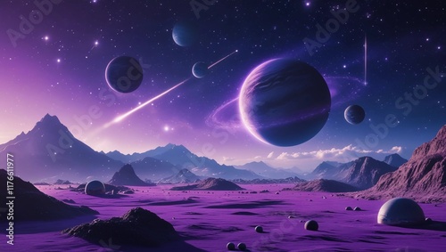 Surreal Purple Alien Landscape with Planets and Starry Sky