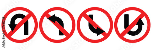 Prohibition traffic road sign. Do not go this way icon collection. Road traffic red prohibitory sign icon. No entry, No U turn, no turning symbol. Vector Illustration. 