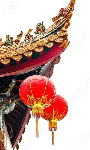 Ornate Chinese Temple Roof with Vibrant Red Lanterns Hanging photo