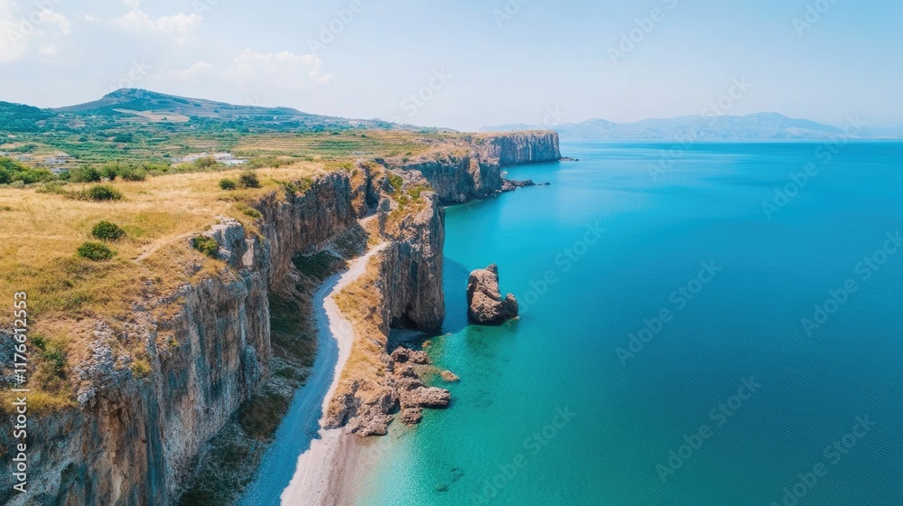 Fototapeta premium Breathtaking Coastal Landscape Featuring Iconic Cliffs and Pristine Mediterranean Seascape Ideal for Cultural Discovery Tours Visiting Historic Landmarks and Heritage Sites