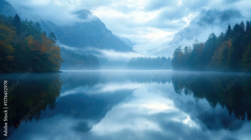 Serene and Misty Lake Surrounded by Majestic Mountain Peaks and Autumnal Forests in a Dreamy Atmospheric Landscape of Adventure and Backpacking Journeys Serene and Misty Lake Surrounded by Majestic Mountain Peaks and Autumnal Forests in a Dreamy Atmospheric Landscape of Adventure and Backpacking Journeys