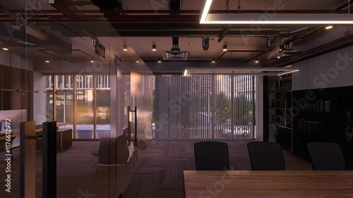 Modern Office Interior with Glass Partition and Natural Lighting