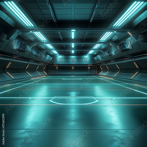An empty futuristic sports arena with glowing field markers, sleek sharp designs, and metallic finishes, in 16:9 aspect ratio  photo
