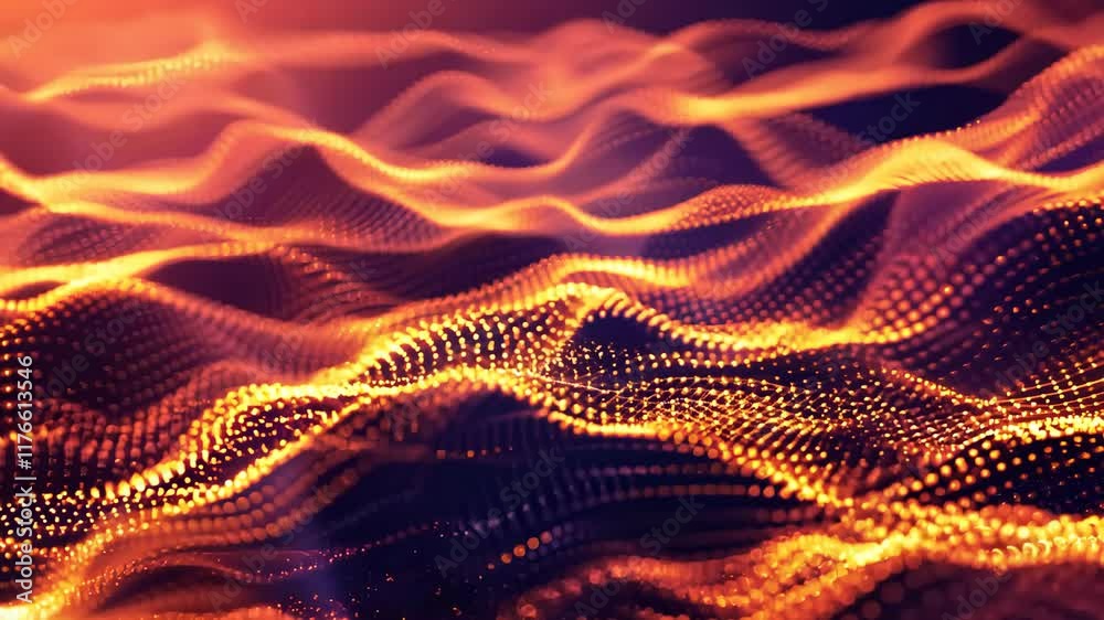 Golden particles are flowing, creating abstract waves
