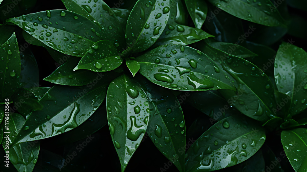 Fototapeta premium Digital green leaves and water drops background