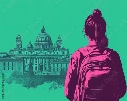 A person with a backpack gazes at a colorful illustration of a historic building, set against a vibrant green background.