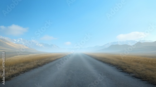 Photorealistic Long stretch of empty road leading towards misty mountains, cut out photo