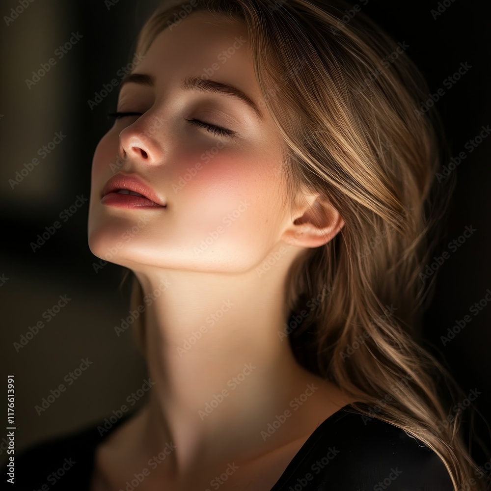 Serene woman, blonde hair, eyes closed. Serene woman, blonde hair, eyes closed.