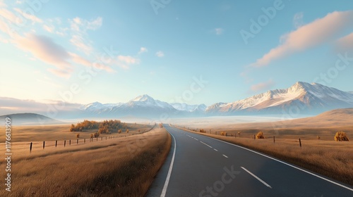 Photorealistic Long stretch of empty road leading towards misty mountains, cut out photo