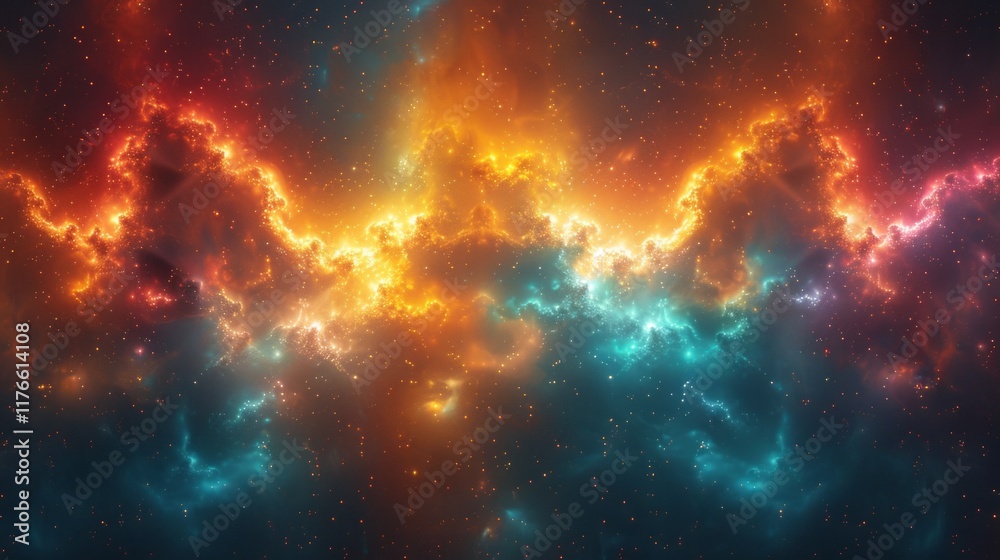 Fototapeta premium Abstract cosmic background with orange and blue nebulae and twinkling stars. AI generative. .