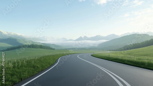 Photorealistic Long stretch of empty road leading towards misty mountains, cut out photo