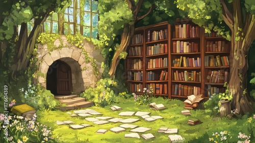 Overgrown Magical Library Cartoon Background