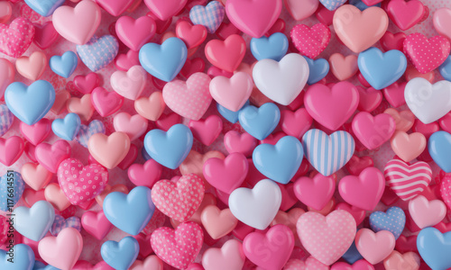 vibrant collection of colorful heart shapes in pink, blue, and white, creating cheerful and romantic background. hearts vary in patterns, including polka dots and stripes photo