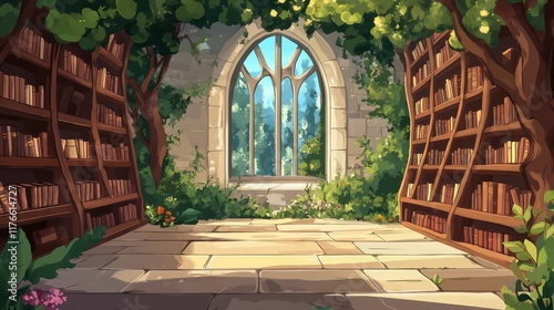 Overgrown Magical Library Cartoon Background
