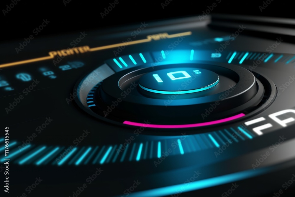 Close-up of a futuristic, glowing blue and pink digital dial with a glowing 10 at the center. AI generative. .