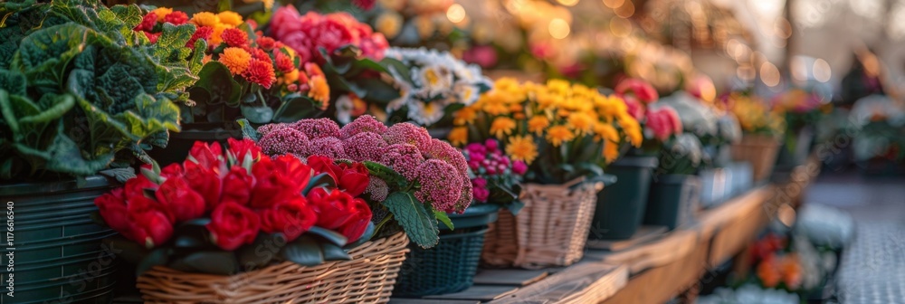 Vibrant red tulips and colorful flowers in baskets on a wooden table. AI generative. . Vibrant red tulips and colorful flowers in baskets on a wooden table. AI generative. .