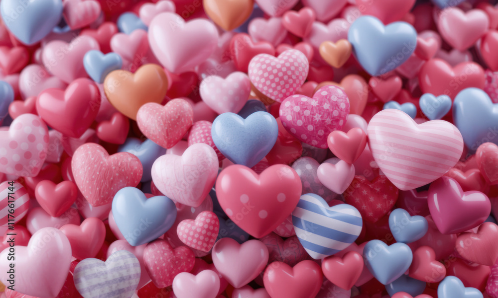 vibrant collection of colorful heart shapes in various patterns and sizes creates lively and cheerful background. mix of pink, red, blue, and purple hearts adds playful and romantic touch vibrant collection of colorful heart shapes in various patterns and sizes creates lively and cheerful background. mix of pink, red, blue, and purple hearts adds playful and romantic touch