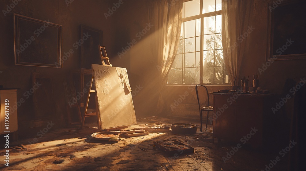 Sunlit artist's studio, messy floor, painting in progress Sunlit artist's studio, messy floor, painting in progress