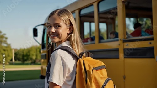 Girl Child Student Standing in Front of School Bus. And Walks to School. Back to School Concept. 01 (3)