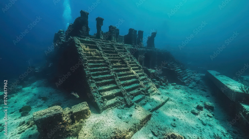 Fotografía Underwater ancient ruins, stone steps and pillars submerged ...