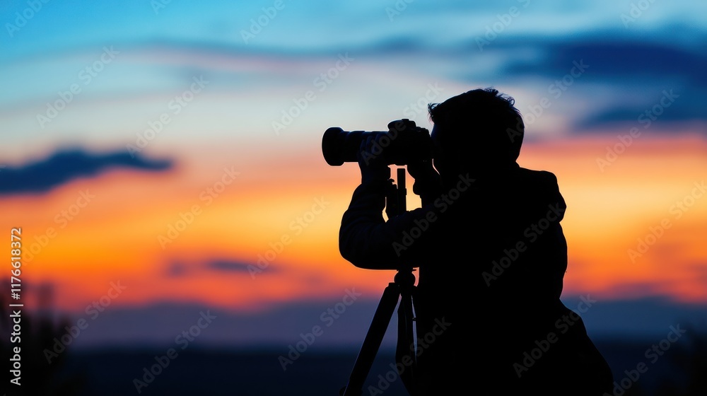 Obraz premium A silhouette of a person photographing a colorful sunset with a camera on a tripod.