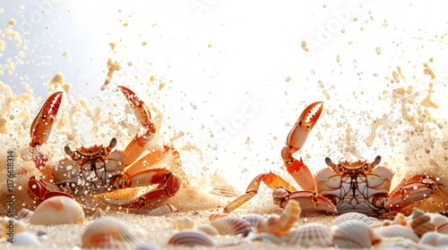 Two crabs on a beach with water splashing around them, surrounded by seashells. AI generative. . photo