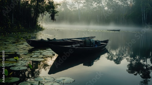 A hazy Amazonian habitat explored by scientists navigating shallow waters. Wooden boats laden with gear float amid water lilies, while towering trees rise into the mist. Reflections and soft light evo photo