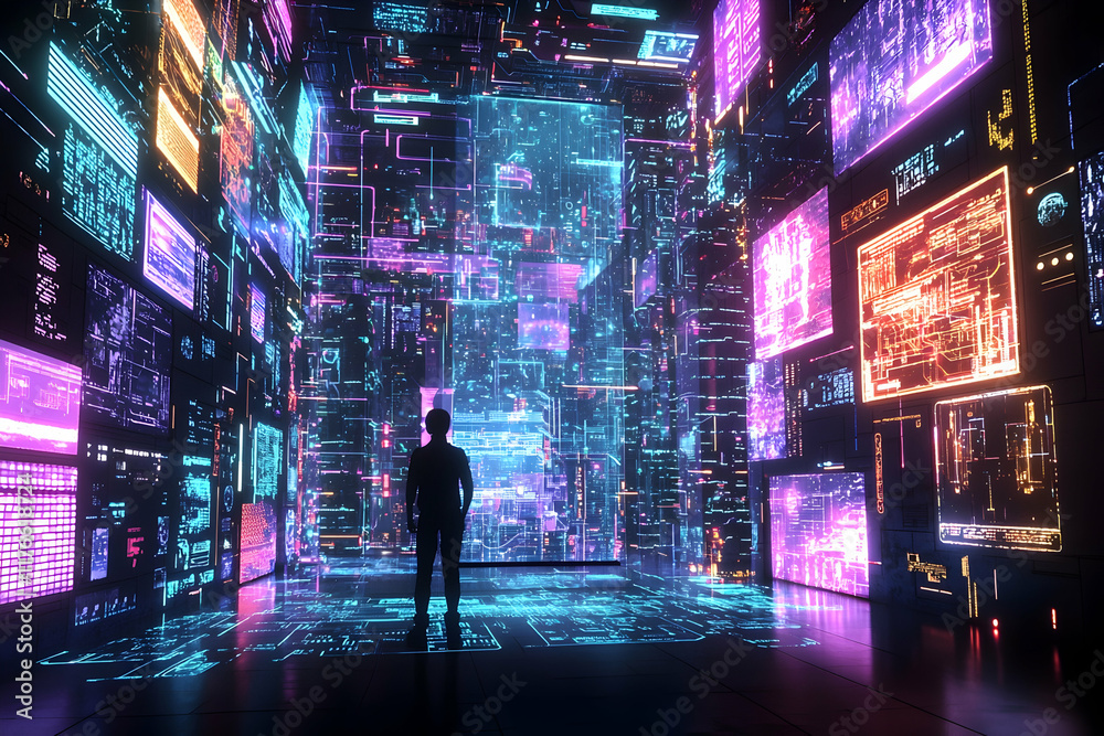 Dataverse Enigma: A lone figure stands silhouetted against a vibrant, futuristic cityscape of glowing screens and data streams. Dataverse Enigma: A lone figure stands silhouetted against a vibrant, futuristic cityscape of glowing screens and data streams.