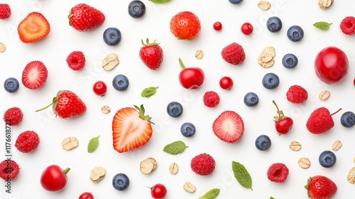 Top down view of vegetarian breakfast with granola and fruits on white background