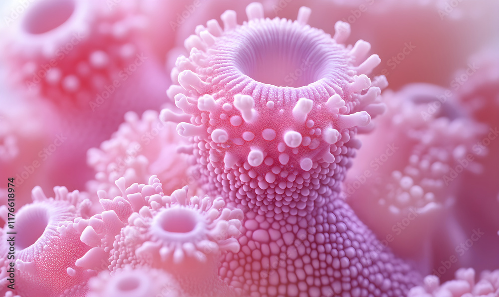 A close-up view of a pink sea anemone or coral-like organism with intricate, delicate tentacles or filaments radiating outward from a central opening against a soft pink background A close-up view of a pink sea anemone or coral-like organism with intricate, delicate tentacles or filaments radiating outward from a central opening against a soft pink background