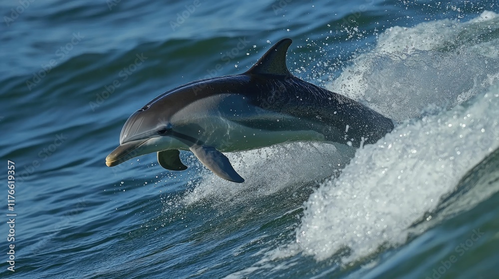Obraz premium Playful dolphins leaping and jumping through crystal clear turquoise ocean waves creating a dynamic and energetic underwater scene