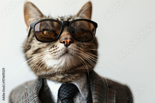 A cat wearing sunglasses and a suit. AI generative. . photo