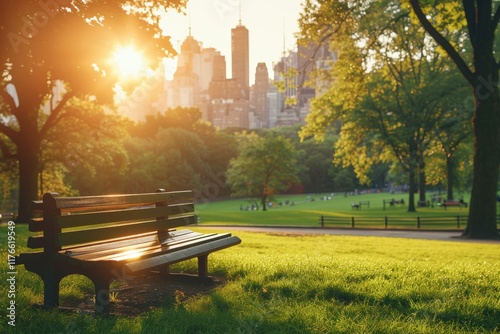Empty park bench at sunset with NYC skyline in the background. AI generative. .
