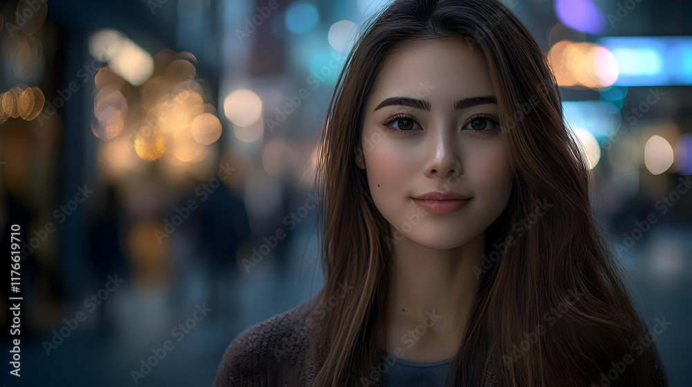 Obraz premium Night City Portrait Illustration: Young Woman with Long Brown Hair