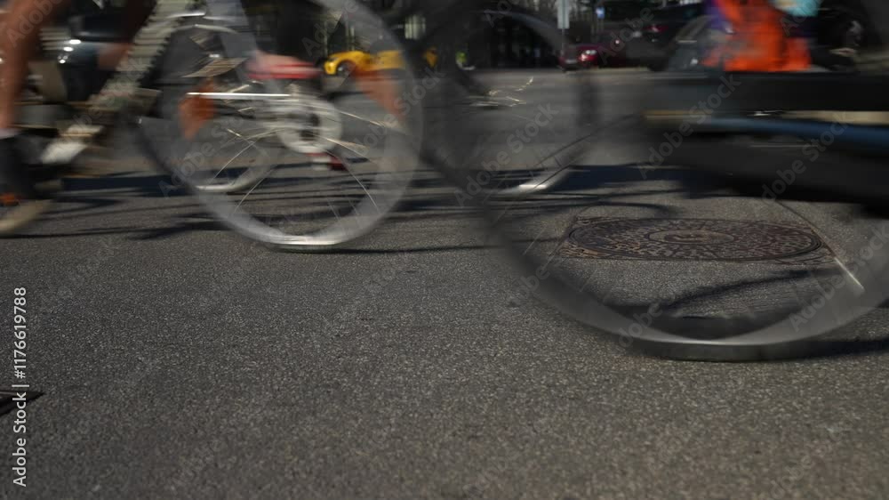 Close up of people riding bicycles in bike lane, cars and public transport in Copenhagen. City traffic in Denmark. Urban living at street Close up of people riding bicycles in bike lane, cars and public transport in Copenhagen. City traffic in Denmark. Urban living at street