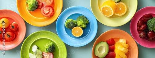 Colorful plates filled with balanced meals showcasing nutrition and portion control through vibrant fruits and vegetables