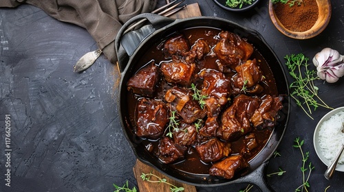 Tasty braised pork in brown sauce, with chunks of tender, succulent pork, a rich and savory sauce, and a touch of aroma. A classic and beloved dish. photo