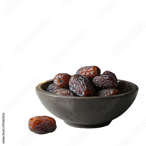 Ramadan Kareem and iftar muslim food, holiday concept. Bowl with dried dates and latterns with candles isolated on transparent background photo