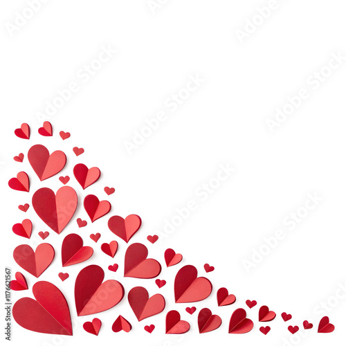 A visually appealing design featuring numerous red paper hearts in various sizes, creating a cascade effect in a corner.