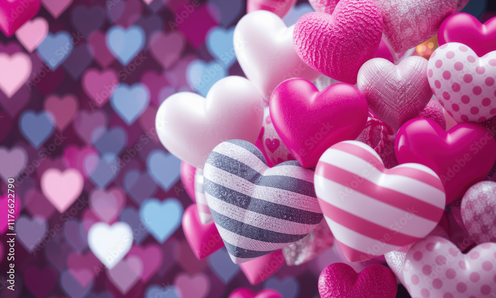 Fototapeta premium vibrant collection of pink, white, and striped heart shapes creates romantic and cheerful atmosphere against blurred heart patterned background