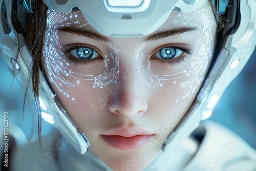 A beautiful Asian woman with blue eyes and light brown hair is wearing a futuristic white robot helmet. Her face is composed of glowing digital data lines that glow in the dark, in a sci-fi style. 