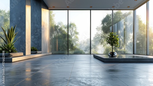 A modern lobby with large windows, gray tiled floors, and a potted plant. AI generative. . photo